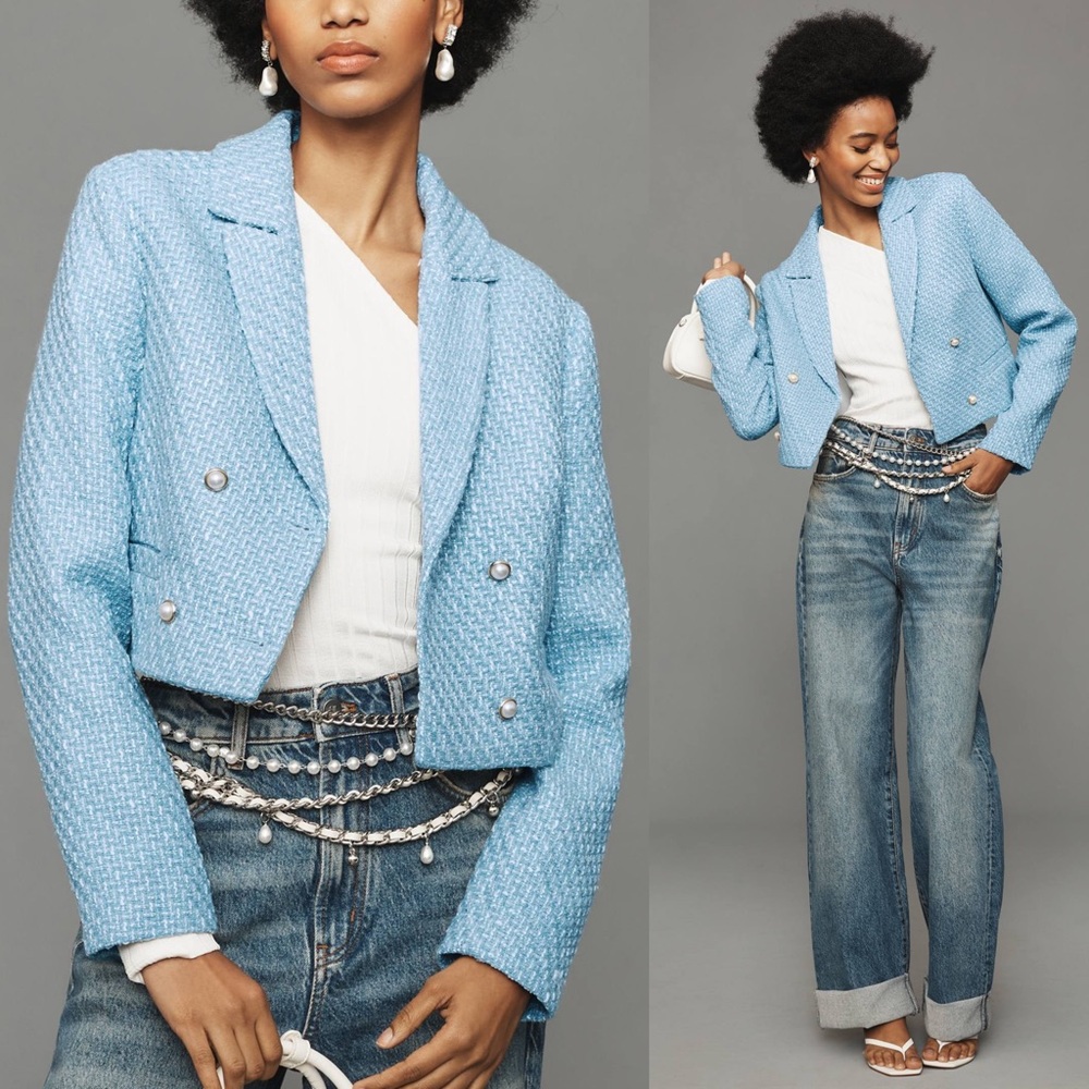 Anthropologie Maeve Light Blue Pearl Button Tweed Cropped Blazer Size Large